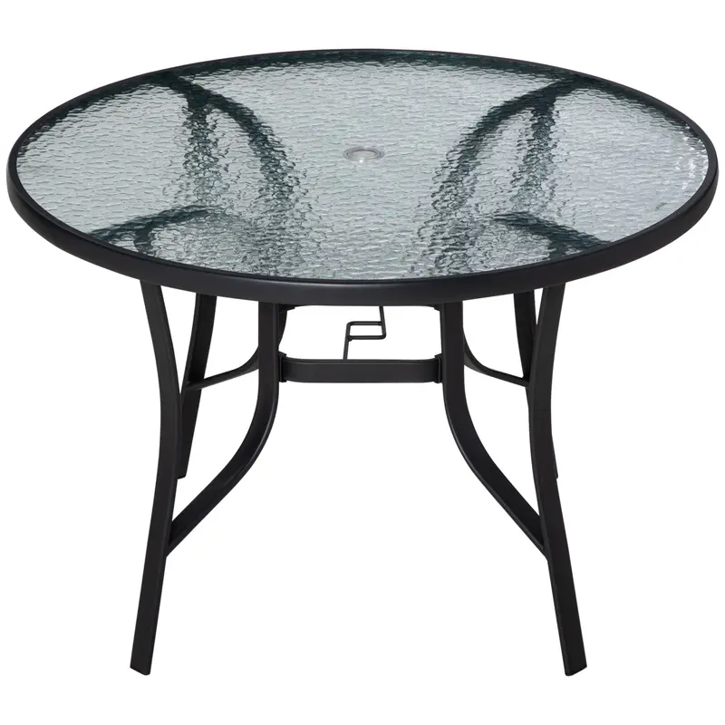 106 cm Round Outdoor Dining Table – Tempered Glass Top with Parasol Hole & Powder-Coated Steel Frame