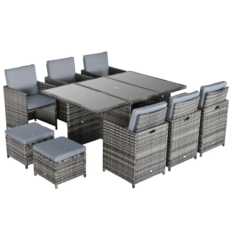 11-Piece Outdoor Rattan Dining Set – 10-Seater Cube Sofa Collection with Chairs, Footrests & Table
