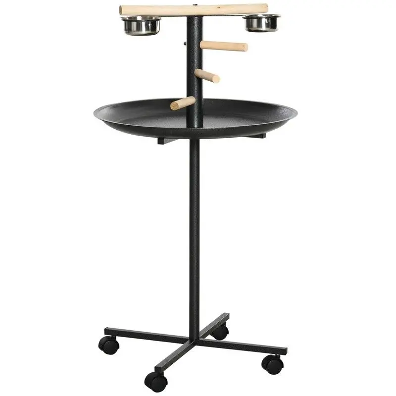 111 cm Wheeled Bird Bath and Feeder Stand – Stainless Steel and Wood Design – Black