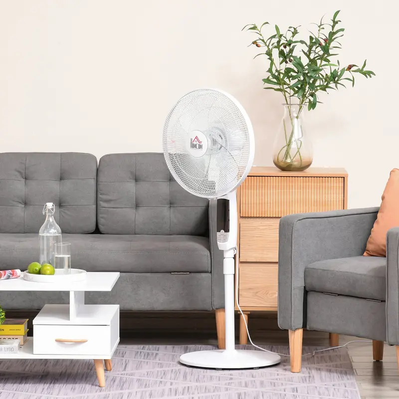 15-Inch White Pedestal Fan – Oscillating, Height-Adjustable, Remote-Controlled with Three Speeds