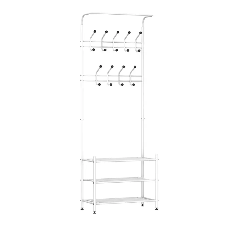 18-Hook Hallway Coat Rack with 3-Tier Shoe Shelf – White Metal Frame