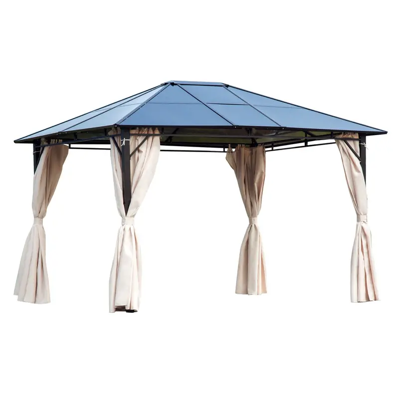 2.7 x 3.6m Hardtop Gazebo with Polycarbonate Roof – Steel-Framed Garden Pavilion with Zippered Curtains