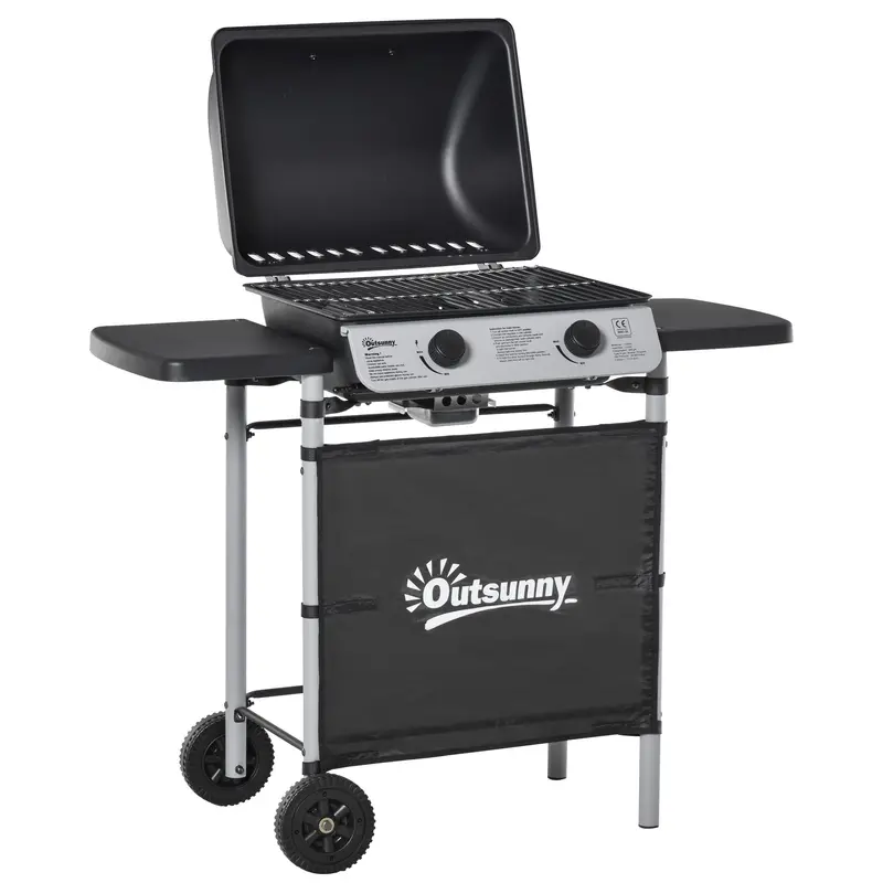 2-Burner Propane Gas BBQ Grill – Portable Cooking Station with Side Shelves & Wheels