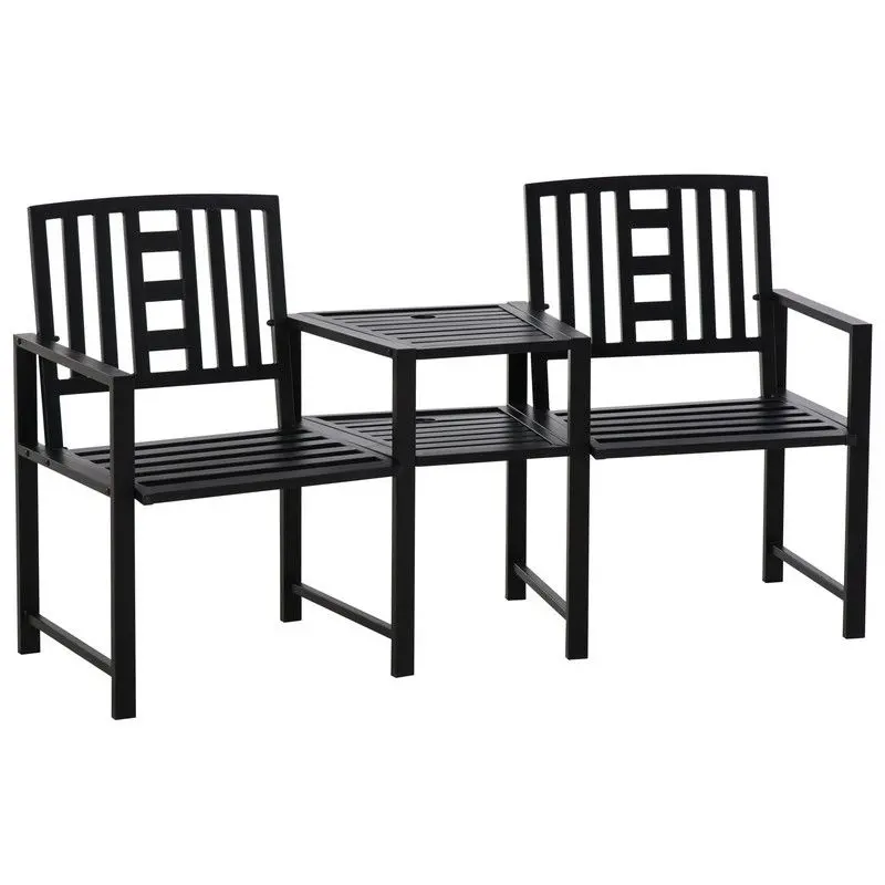 2-Seater Slatted Garden Bench with Integrated Coffee Table – Jack-and-Jill Patio Loveseat