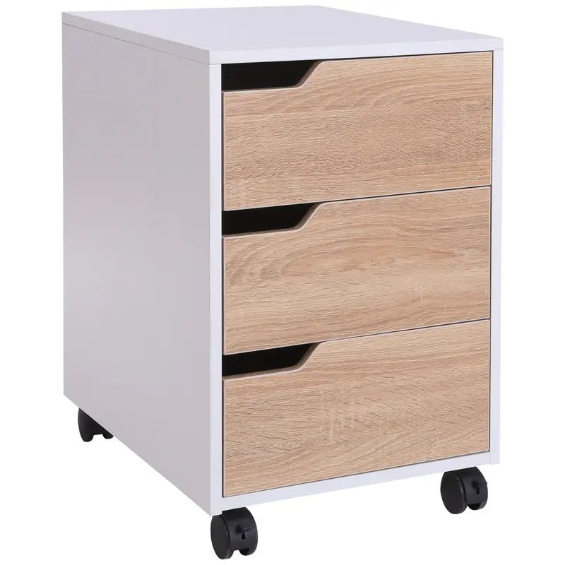 3-Drawer Mobile File Cabinet – MDF Construction, Locking Casters, Oak-Finish Frame with Metal Rails