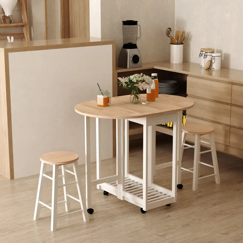 3-Piece Rolling Kitchen Cart – Wooden Bar Trolley with Folding Table, Two Stools, Drawers & 6 Casters