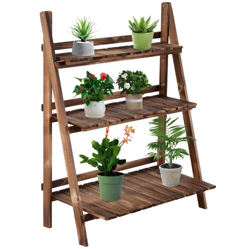 3-Tier Foldable Wooden Plant Stand for Garden Display, Herb Storage & Tiered Planter Shelving (80x37x93 cm)
