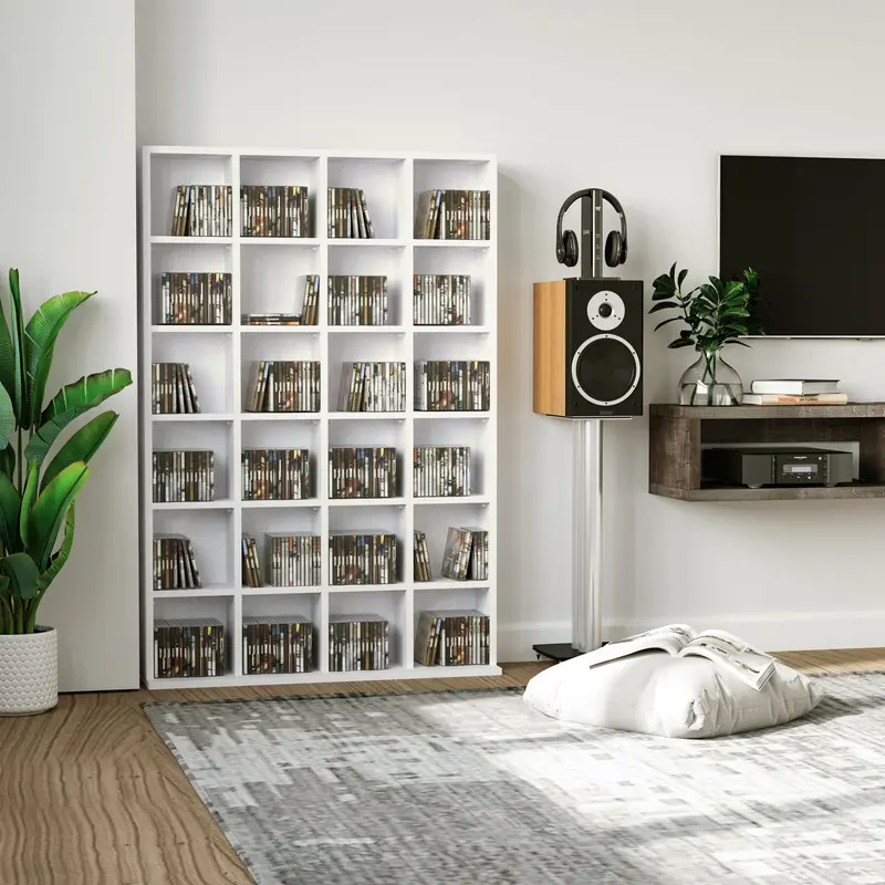 480-CD / 312-DVD Media Storage Unit – White Wooden Bookcase with Four Adjustable Shelves and Display Design