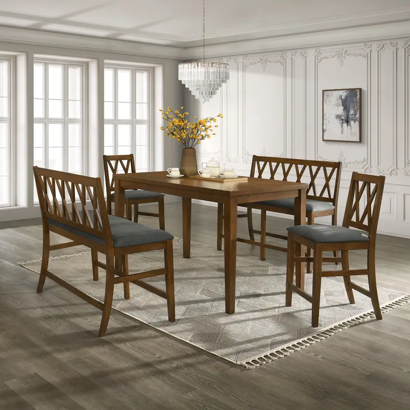 5-Piece Counter-Height Dining Set Including Bench and Grey Cushioned Seating