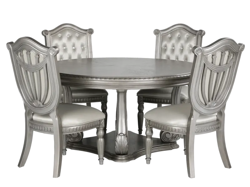 5-Piece Glam Silver Round Dining Set with Tufted Upholstered Seating