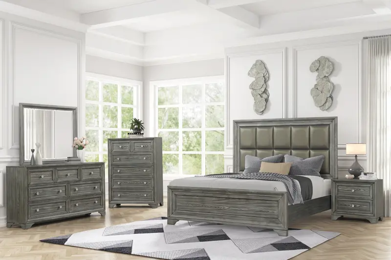 6-Piece Gray Bedroom Set: Upholstered King or Queen Headboard, Dresser, Mirror, and Nightstand