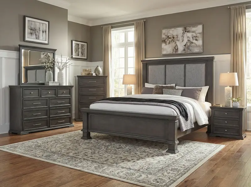 6-Piece Gray Upholstered Bedroom Set – Bed, Dresser, Mirror, Nightstand & More