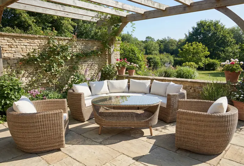 6-Piece Outdoor Wicker Conversation Set with Curved Modular Sofa and Swivel Chairs