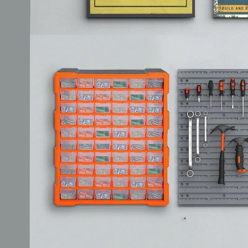 60-Compartment Wall-Mounted Parts Organizer – Clear Orange Tool Storage Cabinet