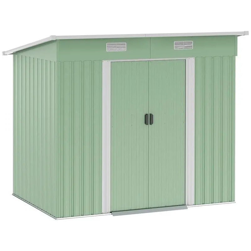 7 ft × 4 ft Galvanized Steel Double-Door Pent Garden Shed – Light Green Storage Unit