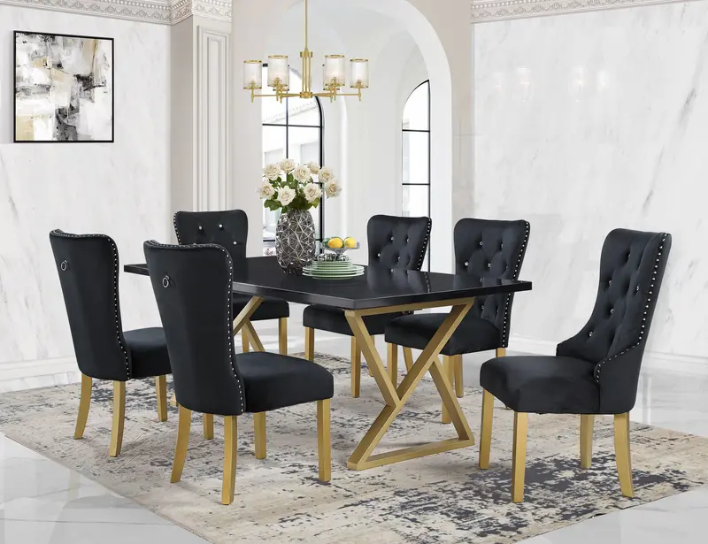 7-Piece Black Marble Dining Set – Sleek Steel Base & Plush Velvet Chairs