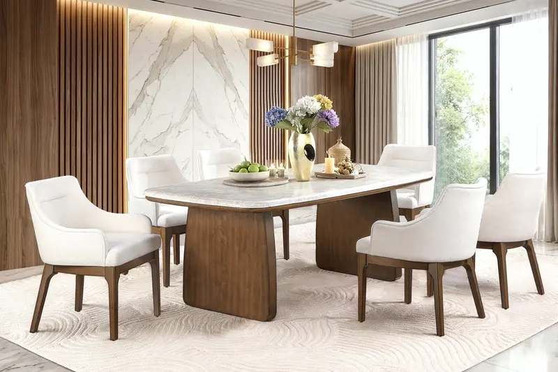 7-Piece Contemporary Dining Set – Walnut Brown & Light Beige with Ivory Upholstered Chairs