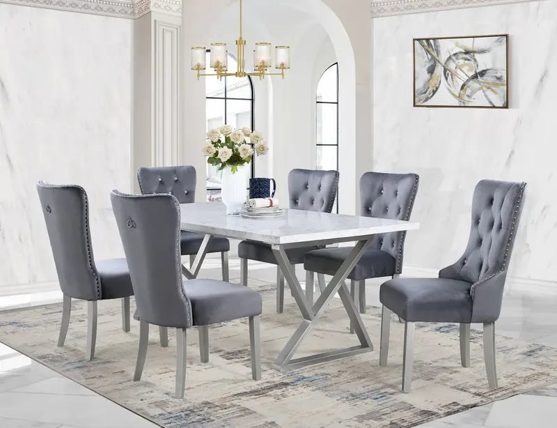 7-Piece Gray Marble Dining Set – Steel-Framed Table with Velvet Upholstered Chairs