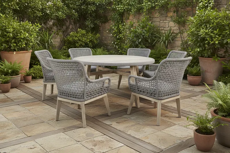 7-Piece Gray Wicker Outdoor Dining Set Featuring Round Wooden Table