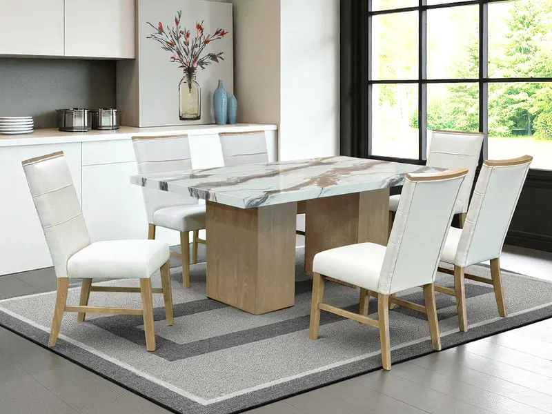 7-Piece Linen-Upholstered Dining Set – 72″ Table with Light Brown Base & Matching Chairs