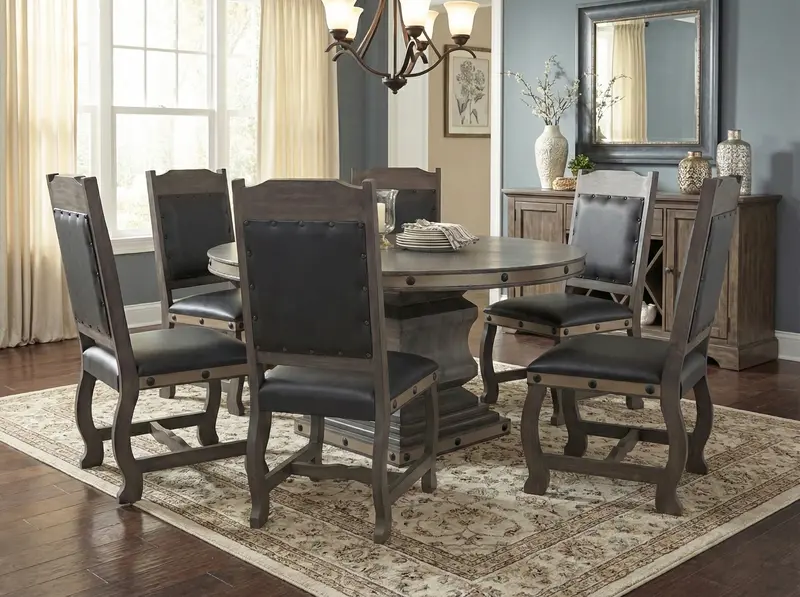 7-Piece Round Rustic Dining Set – Rivet-Trim Gray/Charcoal Chairs