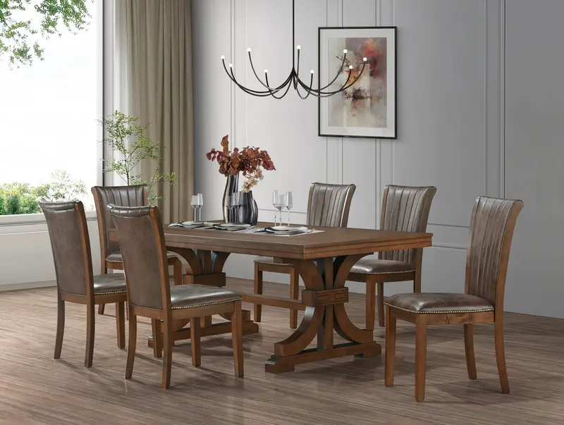 7-Piece Transitional Trestle Dining Set with Nailhead-Accented Brown Upholstered Chairs