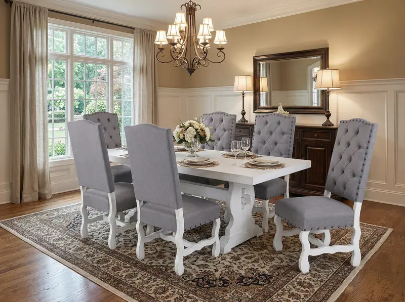 7-Piece White Trestle Dining Set – Gray Tufted Chairs