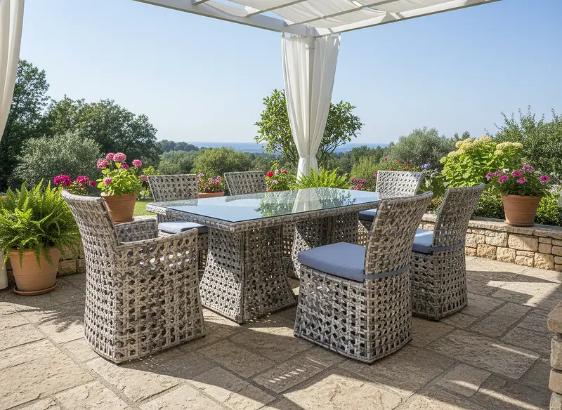 7-Piece Wicker Patio Dining Set with Tempered Glass Table and Six Chairs