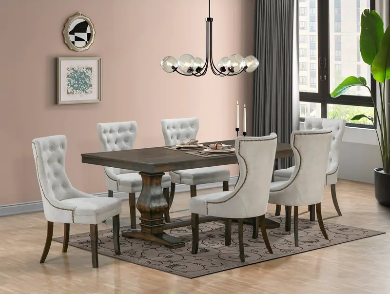78-Inch Rustic Trestle Dining Table with 6 Tufted Pearl Upholstered Chairs