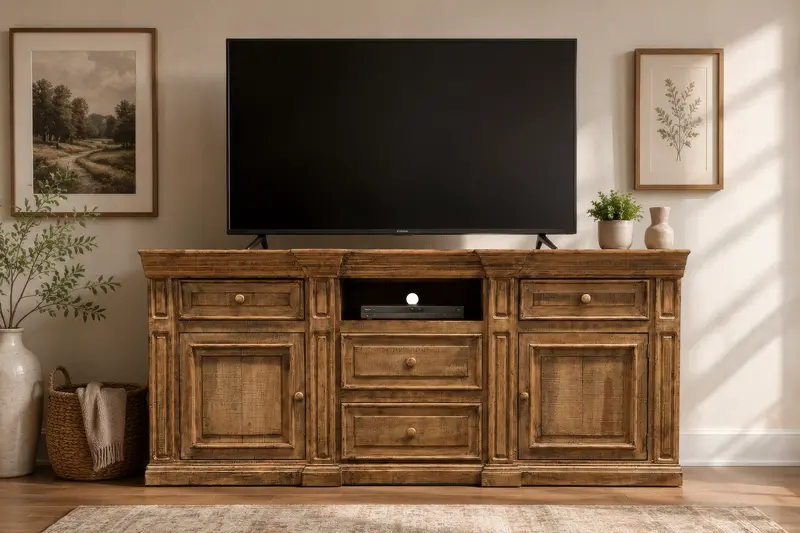 80-Inch Rustic Brown TV Stand with Console Storage for Farmhouse Interiors