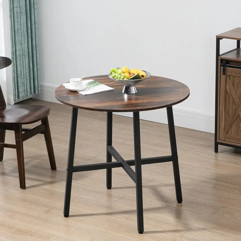 85 cm Round Industrial Dining Table with Steel Legs and Rustic Brown Finish