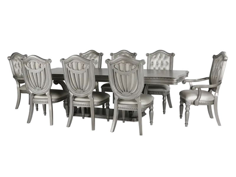9-Piece Glam Silver Formal Dining Set Featuring Extendable Table and Matching Chairs