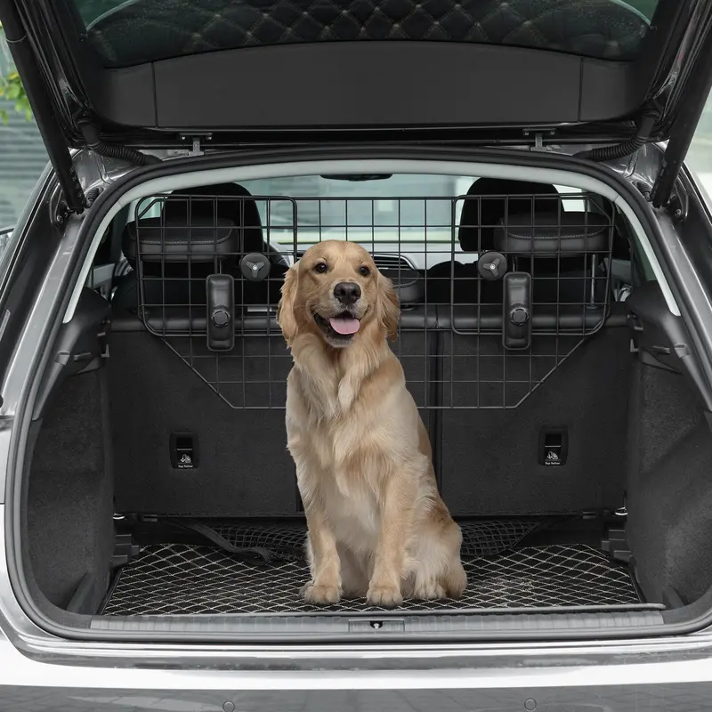 Adjustable Car Boot Barrier for Dogs – Metal Mesh Pet Guard with Headrest Mount