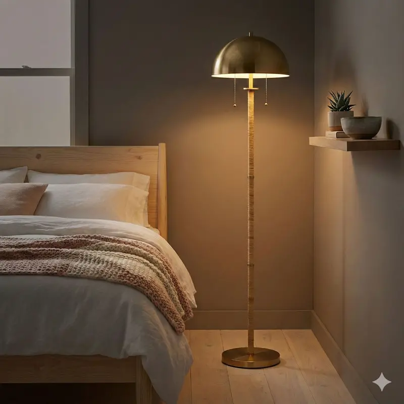 Allure Two-Light Floor Lamp – Gold Metal Frame with Natural Rattan Tube and Dual Pull Chains