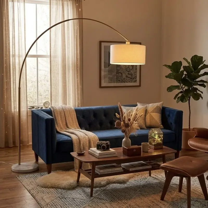 Ambient Gold-and-White Arch Floor Lamp with Oversized Shade