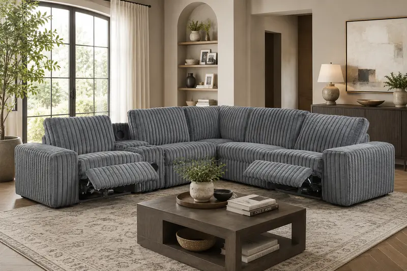 Amelia Charcoal Corduroy Power Reclining Sectional with Bluetooth Speakers & Storage Console