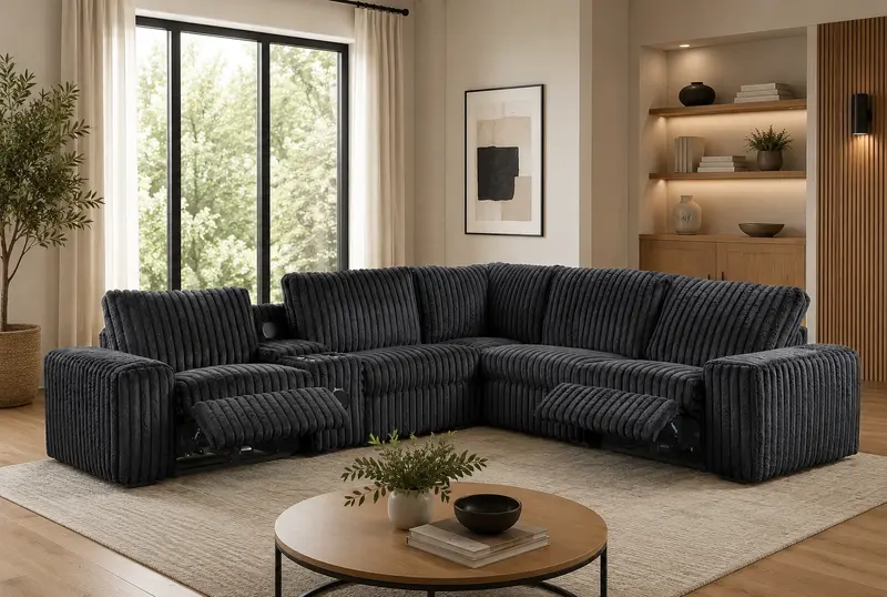 Amelia Power Reclining Sectional in Onyx Corduroy with Built-in Storage Console & Bluetooth Audio