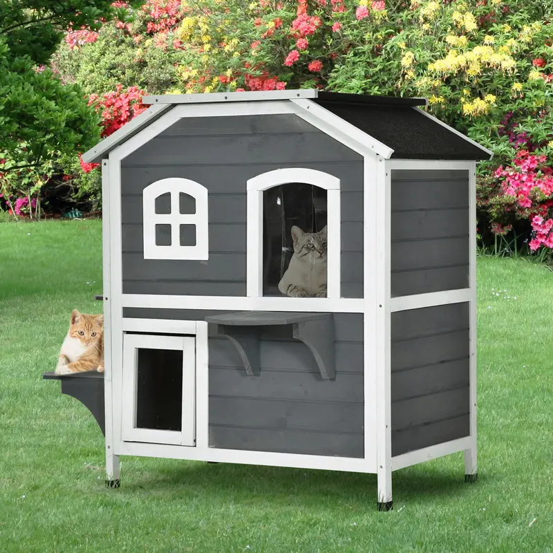 American Dream Cat House by PawHut – Fir Wood Indoor/Outdoor Shelter in Grey & Black