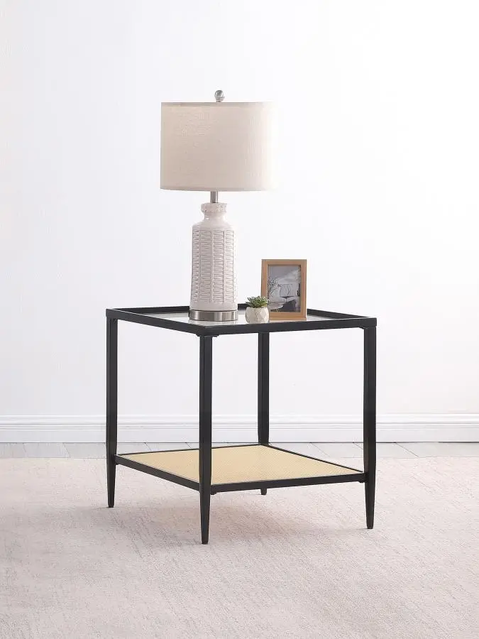 Amherst Black Metal End Table with Cane Shelf and Glass Top