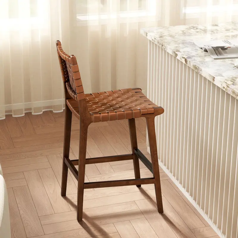Andre Counter-Height Stool with Backrest – Pecan Brown Wood and Fabric Seat