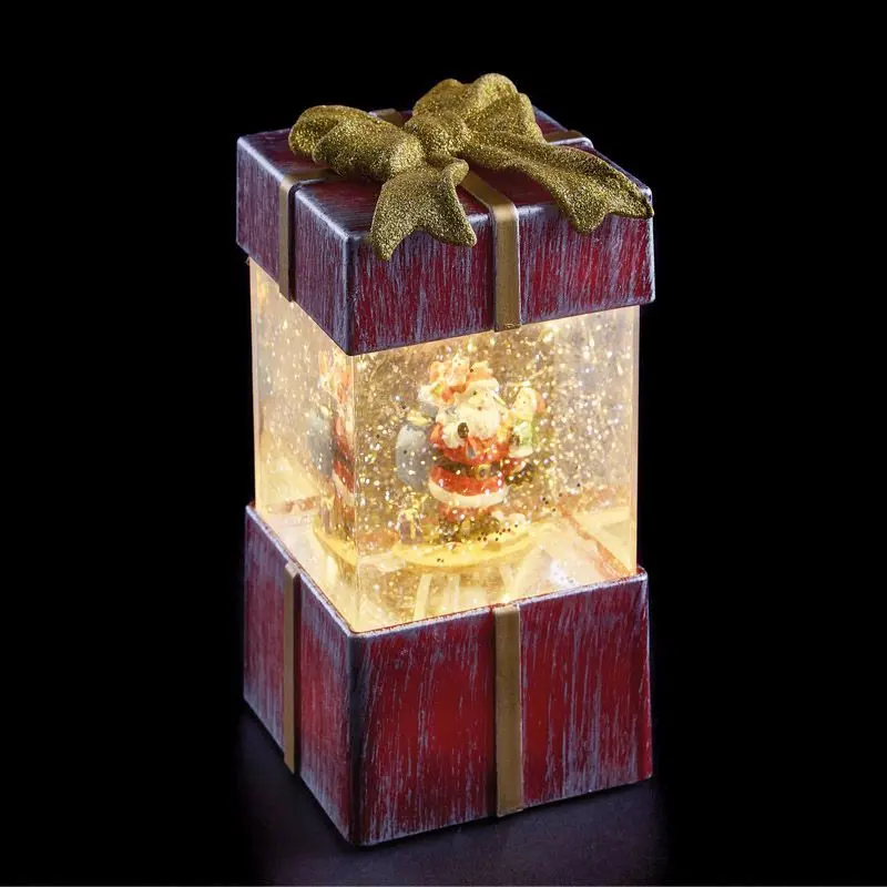 Animated LED Gift Box Ornament – White Light with Santa Figure (17cm)
