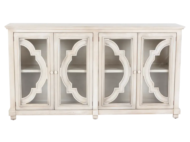 Antique Cream Glass-Front Sideboard – 4-Door Display Cabinet with Adjustable Shelving