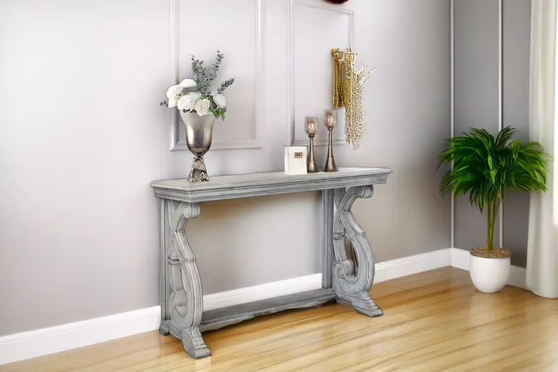 Antique Gray Carved Console Table – Elegant Scroll-Base Entryway or Hallway Piece