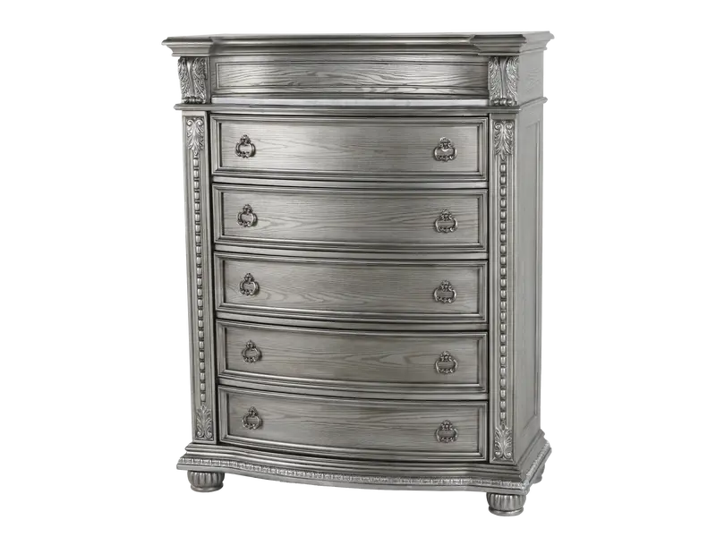 Antique Gray Cavalier 5-Drawer Chest Featuring Marble Top