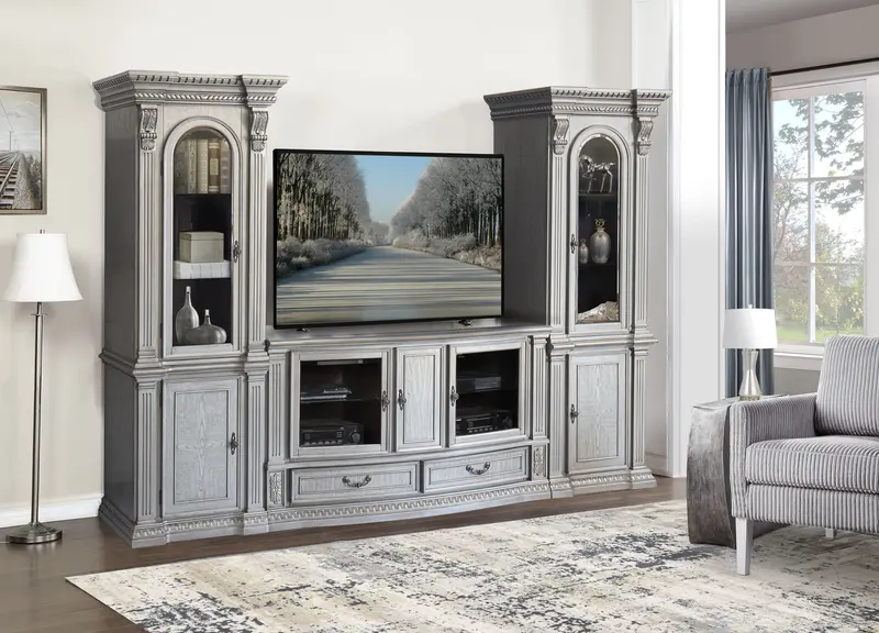Antique Gray Lighted Entertainment Center with Decorative Piers