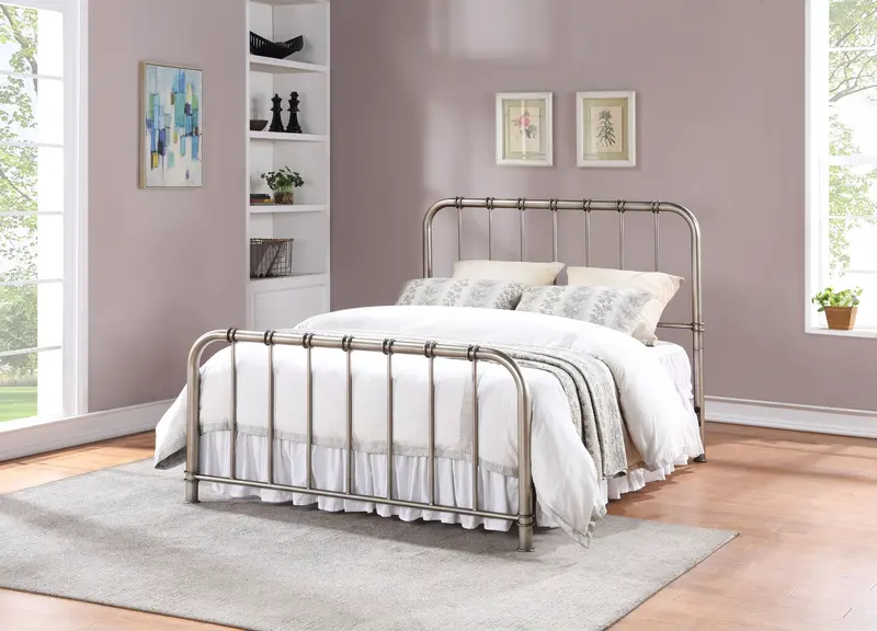 Antique Nickel Queen-Sized Metal Bed Frame