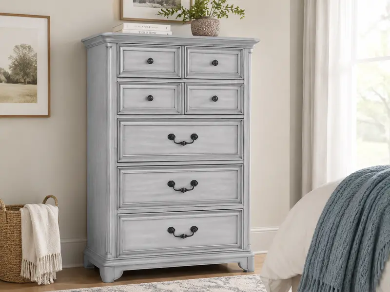 Antique White Farmhouse Chest with 5 Drawers, Felt-Lined Top Compartment & Vintage Brass Accents