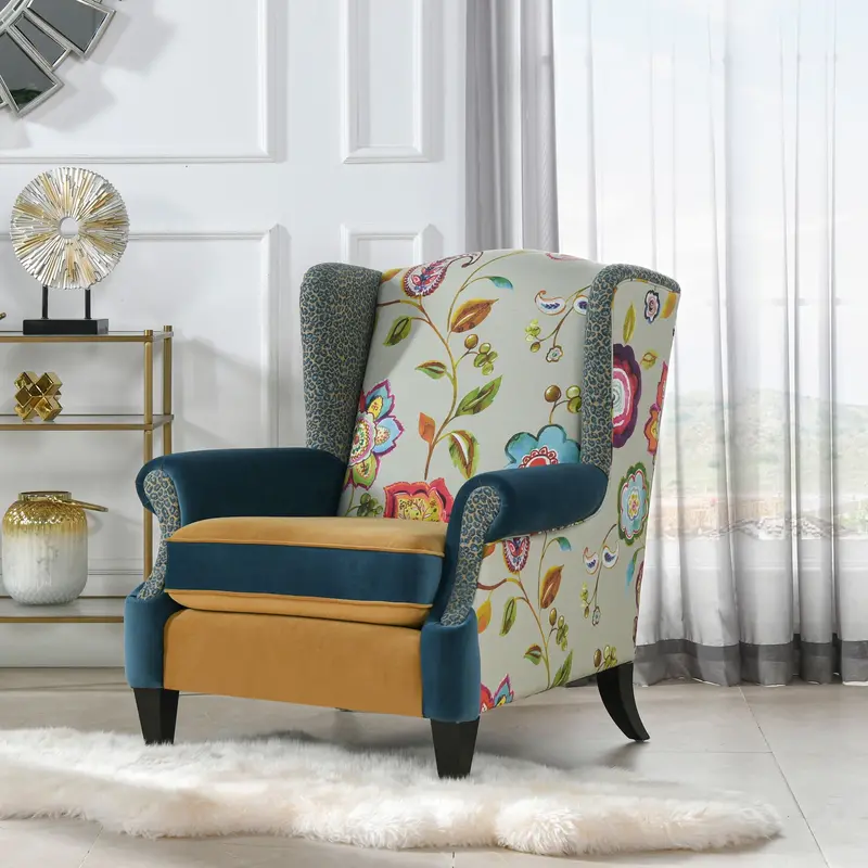 Anya Boho Wingback Chair – Floral and Leopard Print in Teal, Gold, and Navy