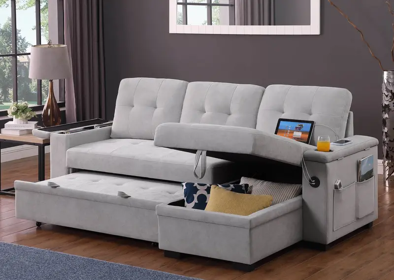 Ashlyn II Reversible Woven Fabric Sectional Sleeper Sofa with Storage Chaise (84″ Wide)