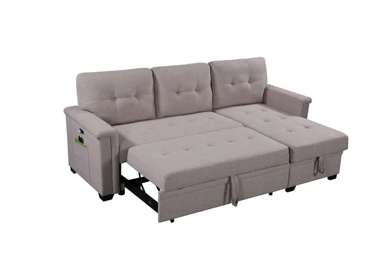 Ashlyn Reversible Sofa Bed with Chaise Storage, USB Charging Ports, and Side Pockets